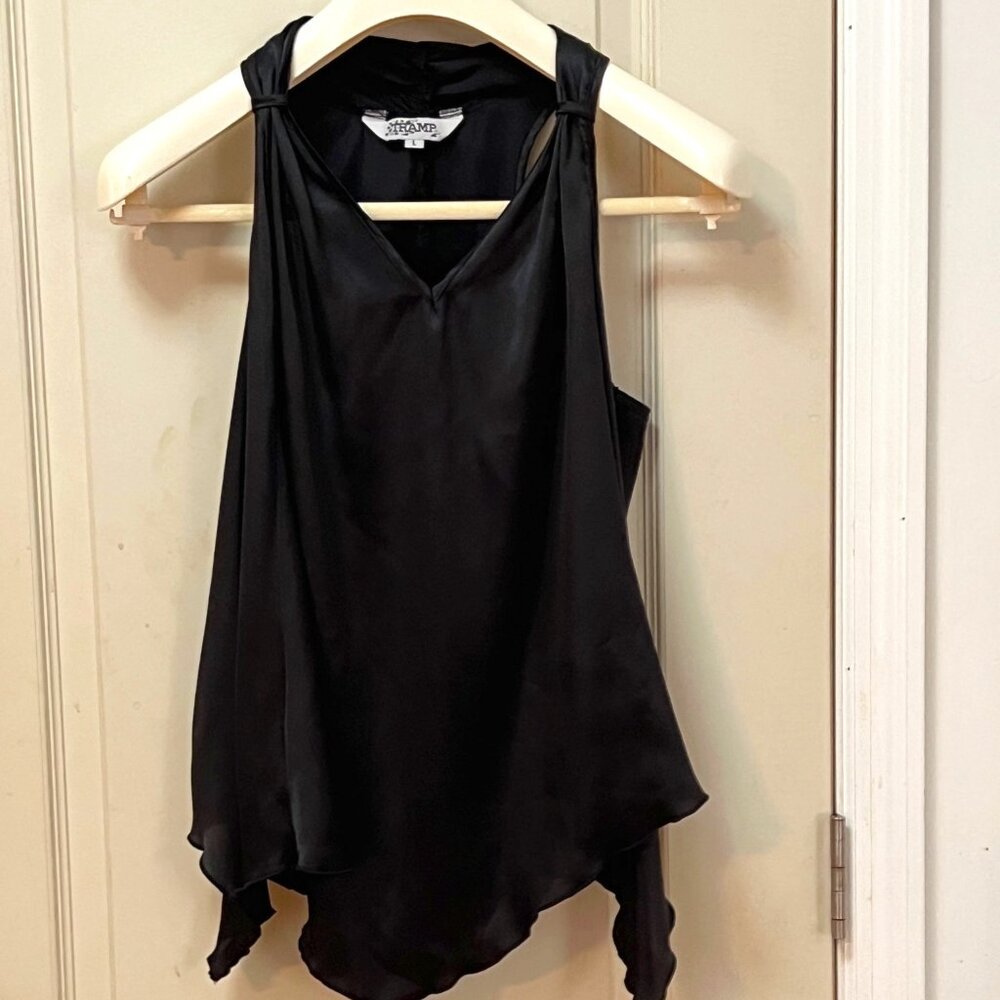 Tramp Women's Size L 100% Polyester Hankerchief Hem Satin feel Tank Top. Black.